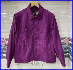 Men's Purple Suede Trucker Jacket 100% Pure Suede Leather Jean Style Button Coat