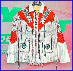 Men's RED WHITE Western Cowboy Leather Jacket COAT With Fringe Bone and Beads