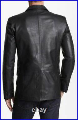 Men's Real Lambskin Handcraft Leather Blazer Coat TWO BUTTON Black Casual Jacket