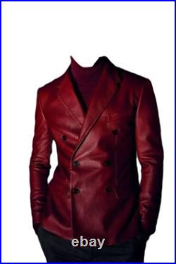 Men's Real Lambskin Leather Red Blazer Soft Double Breasted Button Coat Suit