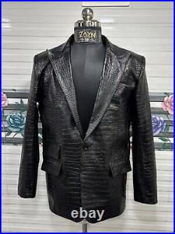 Men's Real Leather Croc Embossed Blazer Single Button Long Peak Lapel Black Coat Men's Real Leather Croc Embossed Blazer Single Button Long Peak Lapel Black Coat