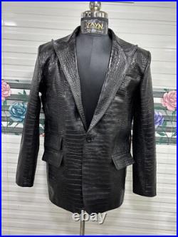 Men's Real Leather Croc Embossed Blazer Single Button Long Peak Lapel Black Coat Men's Real Leather Croc Embossed Blazer Single Button Long Peak Lapel Black Coat