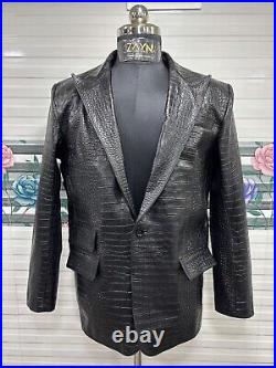 Men's Real Leather Croc Embossed Blazer Single Button Long Peak Lapel Black Coat Men's Real Leather Croc Embossed Blazer Single Button Long Peak Lapel Black Coat