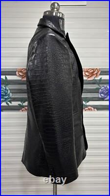Men's Real Leather Croc Embossed Blazer Single Button Long Peak Lapel Black Coat Men's Real Leather Croc Embossed Blazer Single Button Long Peak Lapel Black Coat