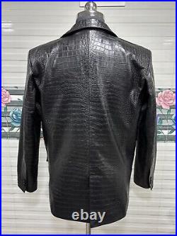 Men's Real Leather Croc Embossed Blazer Single Button Long Peak Lapel Black Coat Men's Real Leather Croc Embossed Blazer Single Button Long Peak Lapel Black Coat