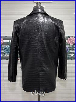 Men's Real Leather Croc Embossed Blazer Single Button Long Peak Lapel Black Coat Men's Real Leather Croc Embossed Blazer Single Button Long Peak Lapel Black Coat