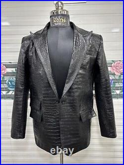 Men's Real Leather Croc Embossed Blazer Single Button Long Peak Lapel Black Coat Men's Real Leather Croc Embossed Blazer Single Button Long Peak Lapel Black Coat