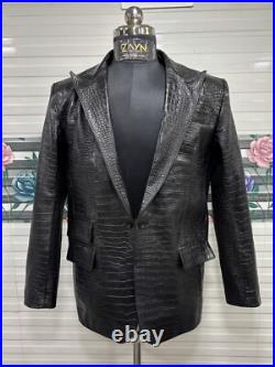 Men's Real Leather Croc Embossed Blazer Single Button Long Peak Lapel Black Coat Men's Real Leather Croc Embossed Blazer Single Button Long Peak Lapel Black Coat