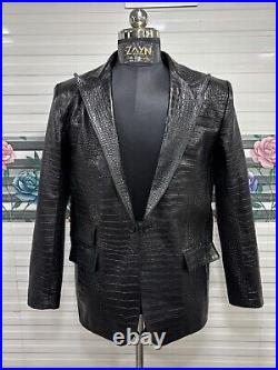 Men's Real Leather Croc Embossed Blazer Single Button Long Peak Lapel Black Coat Men's Real Leather Croc Embossed Blazer Single Button Long Peak Lapel Black Coat