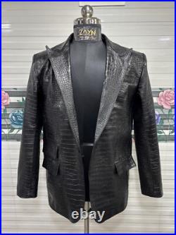 Men's Real Leather Croc Embossed Blazer Single Button Long Peak Lapel Black Coat Men's Real Leather Croc Embossed Blazer Single Button Long Peak Lapel Black Coat
