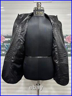 Men's Real Leather Croc Embossed Blazer Single Button Long Peak Lapel Black Coat Men's Real Leather Croc Embossed Blazer Single Button Long Peak Lapel Black Coat