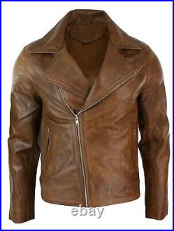 Men's Real Leather Jacket Distress Brown Genuine Lambskin Biker Motorcycle Coat