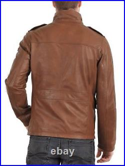 Men's Real Leather Jacket Distress Tan Brown Biker Motorcycle Real Lambskin Coat