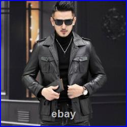 Men's Real Leather Jacket Slim Genuine Cowhide Hunting Coat Business Outwear L