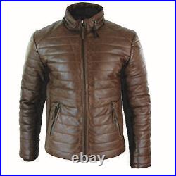 Men's Real Leather Quilted Puffer Zipped Jacket Vintage Brown Casual Winter Coat