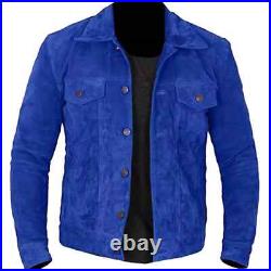 Men's Real Suede Leather Blue Trucker Jacket Fashion Retro Buttoned Coat