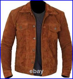 Men's Real Suede Leather Brown Trucker Jacket Fashion Biker Retro Buttoned Coat