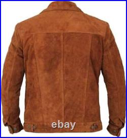 Men's Real Suede Leather Brown Trucker Jacket Fashion Biker Retro Buttoned Coat