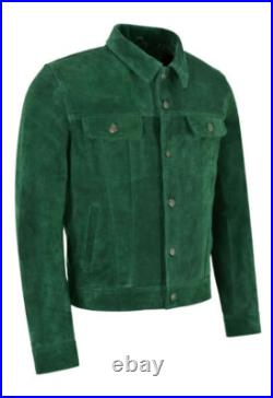 Men's Real Suede Leather Green Trucker Jacket 100% Pure Suede Jean Style Jacket Men's Real Suede Leather Green Trucker Jacket 100% Pure Suede Jean Style Jacket