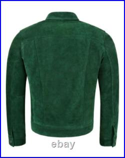 Men's Real Suede Leather Green Trucker Jacket 100% Pure Suede Jean Style Jacket Men's Real Suede Leather Green Trucker Jacket 100% Pure Suede Jean Style Jacket