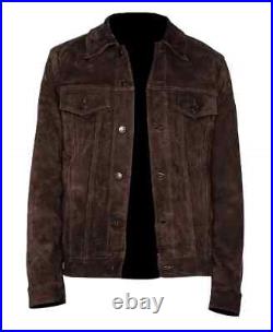Men's Real Suede Leather Jacket Dark Brown Denim Style Classic Trucker Jacket