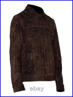 Men's Real Suede Leather Jacket Dark Brown Denim Style Classic Trucker Jacket