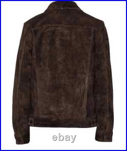 Men's Real Suede Leather Jacket Dark Brown Denim Style Classic Trucker Jacket