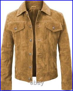 Men's Real Suede Leather Trucker Shirt Classic Motorcycle Bomber Brown Jacket