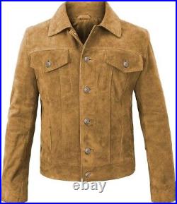 Men's Real Suede Leather Trucker Shirt Classic Motorcycle Bomber Brown Jacket