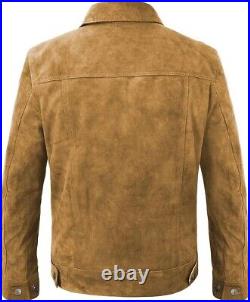 Men's Real Suede Leather Trucker Shirt Classic Motorcycle Bomber Brown Jacket