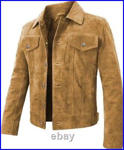 Men's Real Suede Leather Trucker Shirt Classic Motorcycle Bomber Brown Jacket