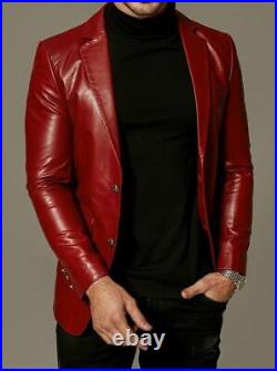 Men's Red Leather Blazer Coat Jacket Fashion Stylish Slim Fit Real Soft Lambskin