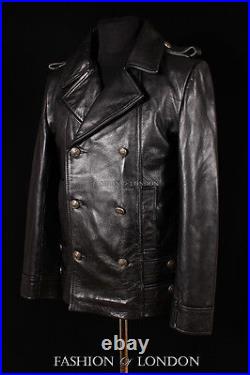 Men's SAILOR GERMAN Jacket Black ANILINE Cowhide Kriegsmarine Leather Pea Coat