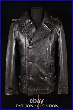 Men's SAILOR GERMAN Jacket Black ANILINE Cowhide Kriegsmarine Leather Pea Coat