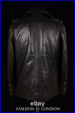 Men's SAILOR GERMAN Jacket Black ANILINE Cowhide Kriegsmarine Leather Pea Coat