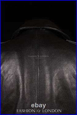 Men's SAILOR GERMAN Jacket Black ANILINE Cowhide Kriegsmarine Leather Pea Coat