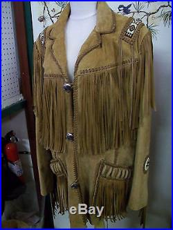 Men's Scully Brown Western Leather Suede Jacket coat With Fringe & Beads Sz 46 EUC