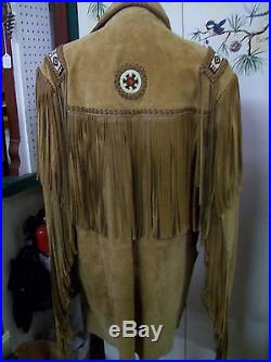 Men's Scully Brown Western Leather Suede Jacket coat With Fringe & Beads Sz 46 EUC