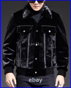 Men's Slim Fit Faux Mink Fur Short Coat Lapel Collar Winter Jacket Pockets Parka