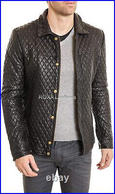 Men's Snap Button Genuine Lambskin Real Leather Jacket Quilted Western Coat