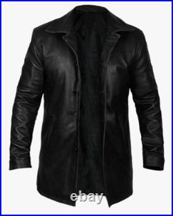 Men's Soft Lambskin Leather Overcoat ¾ Length Black Buttoned Jacket Casual Coat