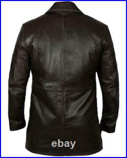 Men's Soft Lambskin Leather Overcoat ¾ Length Black Buttoned Jacket Casual Coat