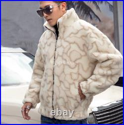 Men's Stand Collar 100% Wool Real Lamb Fur Collar Parka Short Coat Zipper Jacket
