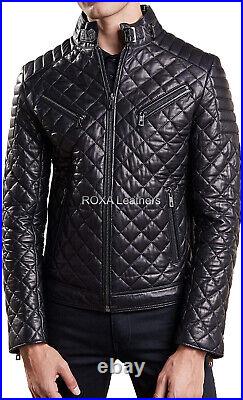 Men's Stand Collar Genuine Sheepskin 100% Leather Jacket Heavy Quilted Coat