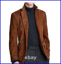 Men's Suede Leather Blazer Handmade Natural Brown Suede Coat Three Button Jacket