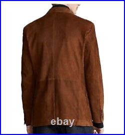 Men's Suede Leather Blazer Handmade Natural Brown Suede Coat Three Button Jacket