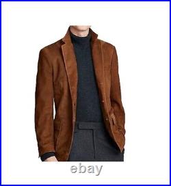 Men's Suede Leather Blazer Handmade Natural Brown Suede Coat Three Button Jacket