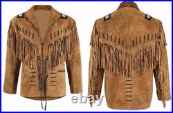 Men's Suede Leather Brown Jacket Native American Fringes Jacket, Coat All Sizes