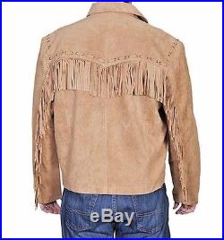 Men's Suede Leather Western cowboy traditional Jacket coat with fringes zip up