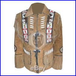 Men's Suede Scully Western Leather Jacket Coat With Fringe Bone and Beads
